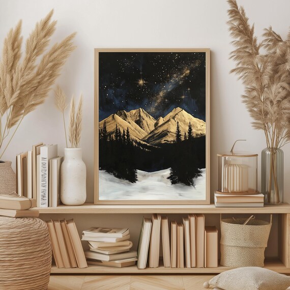 Starry Night Mountain Art Print Snowy Landscape Wall Winter Nature Decor For Cozy Apartment