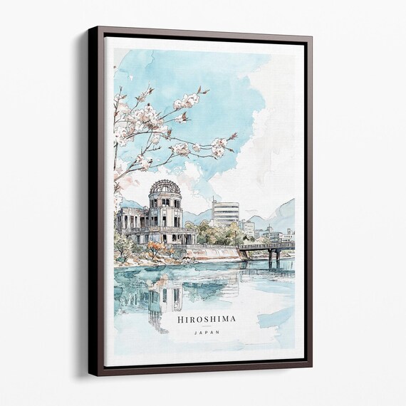 Hiroshima Watercolor Canvas Art Print Framed Cityscape Wall Decor