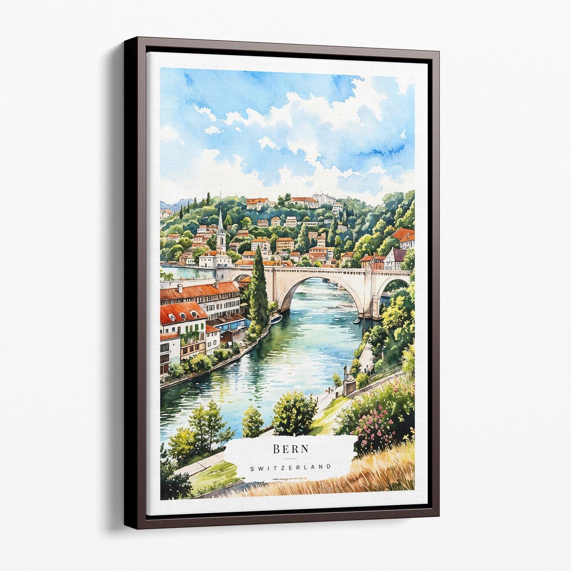 Bern Switzerland Watercolor Aare River Bridge Old Town Poster