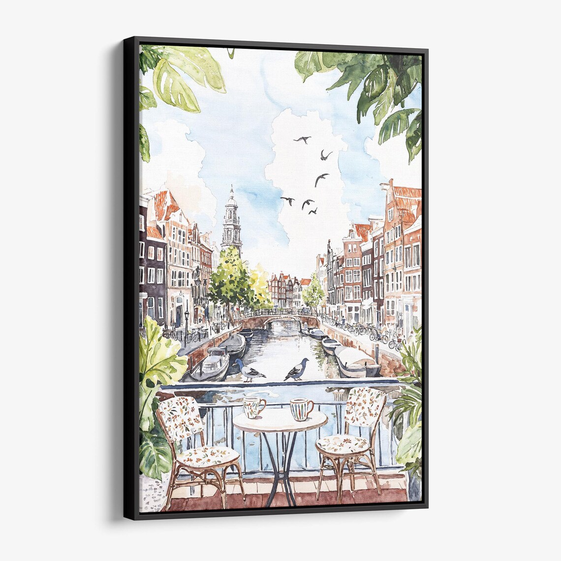 Amsterdam Canal Cafe Terrace Watercolor Cityscape Art Poster