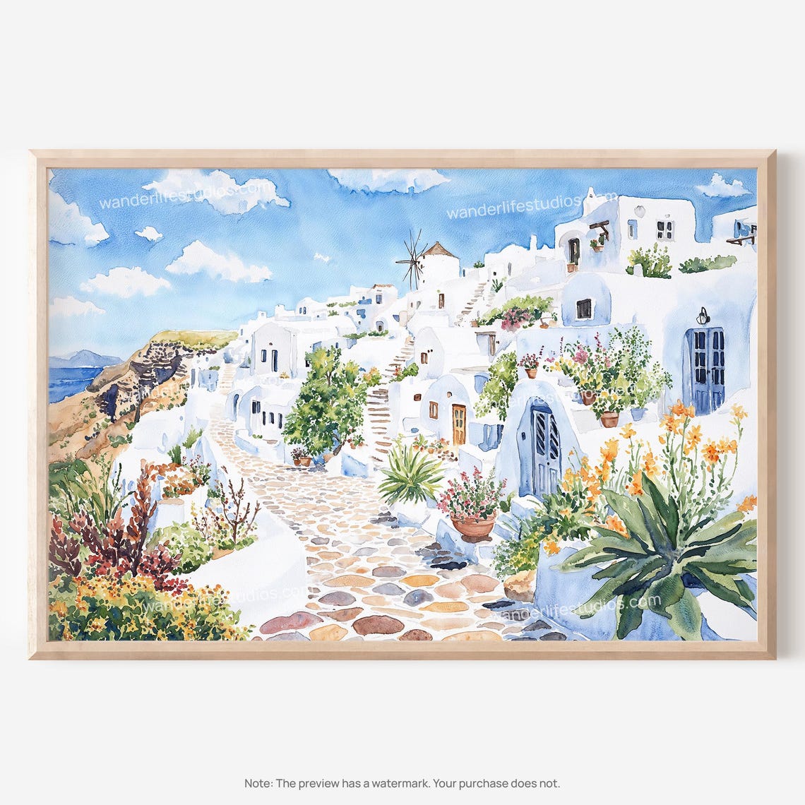 Santorini Whitewashed Village Watercolor with Windmill Poster