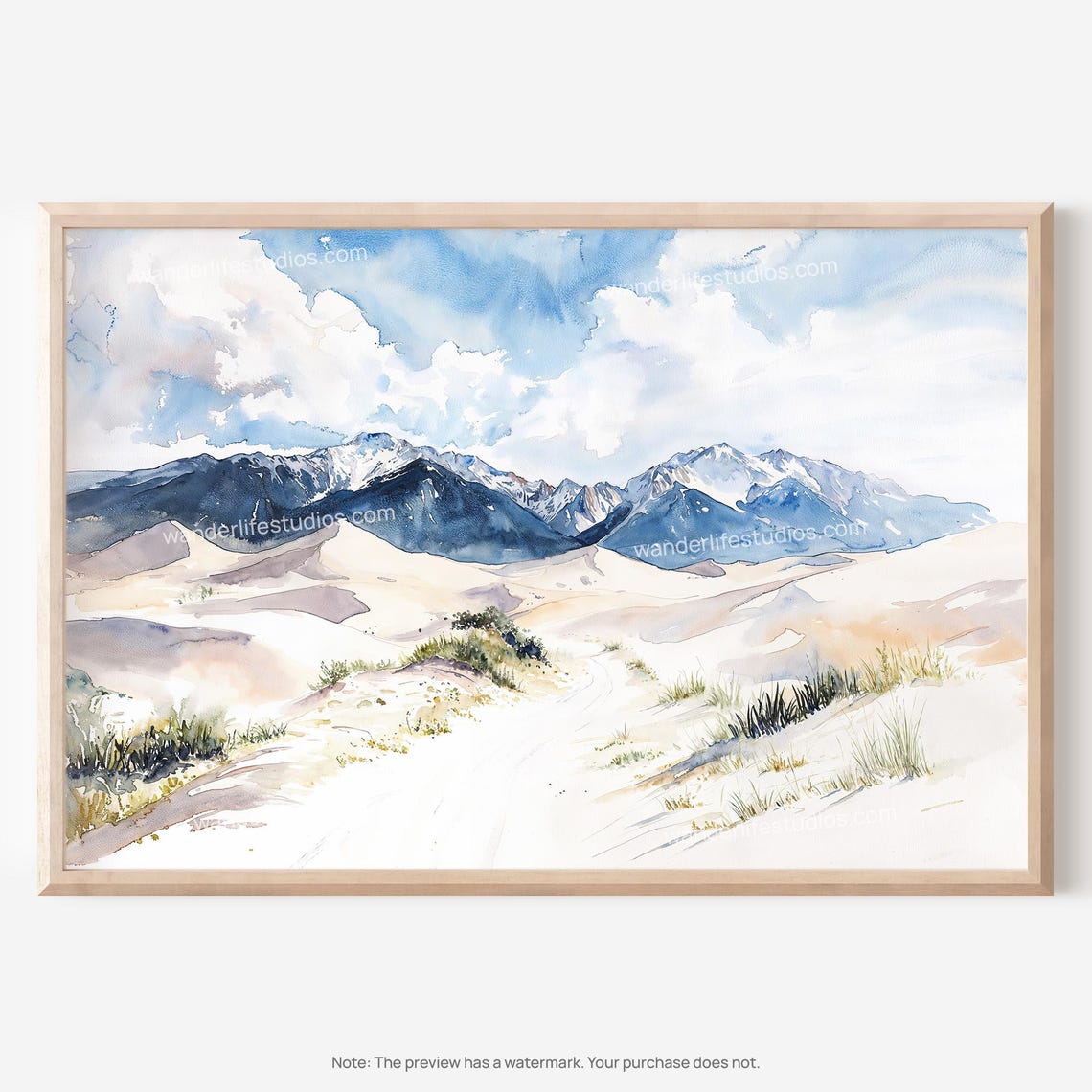 Great Sand Dunes Watercolor Pale Dunes Blue Mountain Landscape Poster