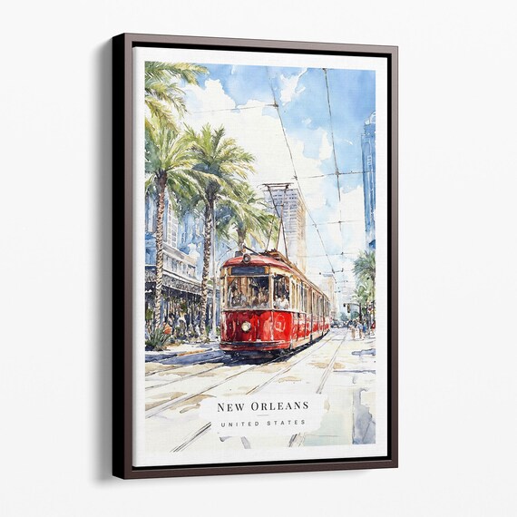 New Orleans Canal Street Red Streetcar Watercolor City Poster
