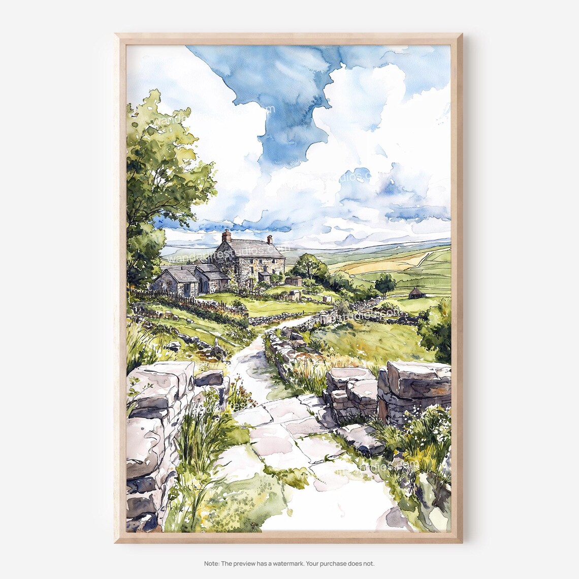 Yorkshire Countryside Stone Farmhouse Watercolor Rural England Poster
