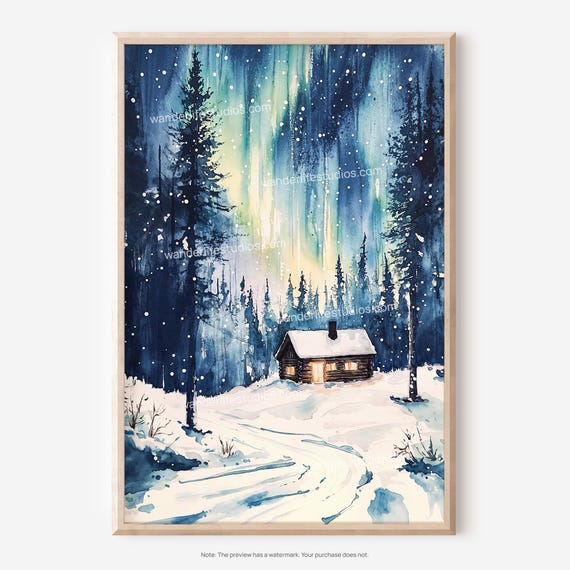 Northern Lights Wall Art Watercolor Winter Landscape