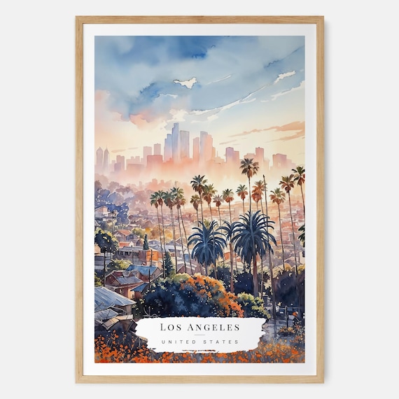 Sunset In Los Angeles Watercolor Art Print La Skyline Poster City Wall Usa Travel Moving Gift New Home