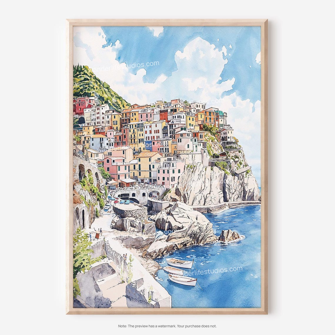 Cinque Terre Colorful Italian Cliffside Village Watercolor Poster