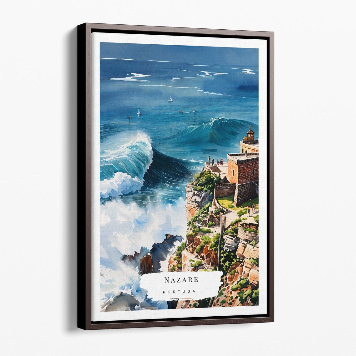 Nazare Portugal Giant Waves Fort Lighthouse Cliff Watercolor Poster