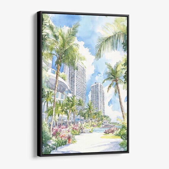 Miami Beach Palm Trees Waterfront Condos Marina Watercolor Poster