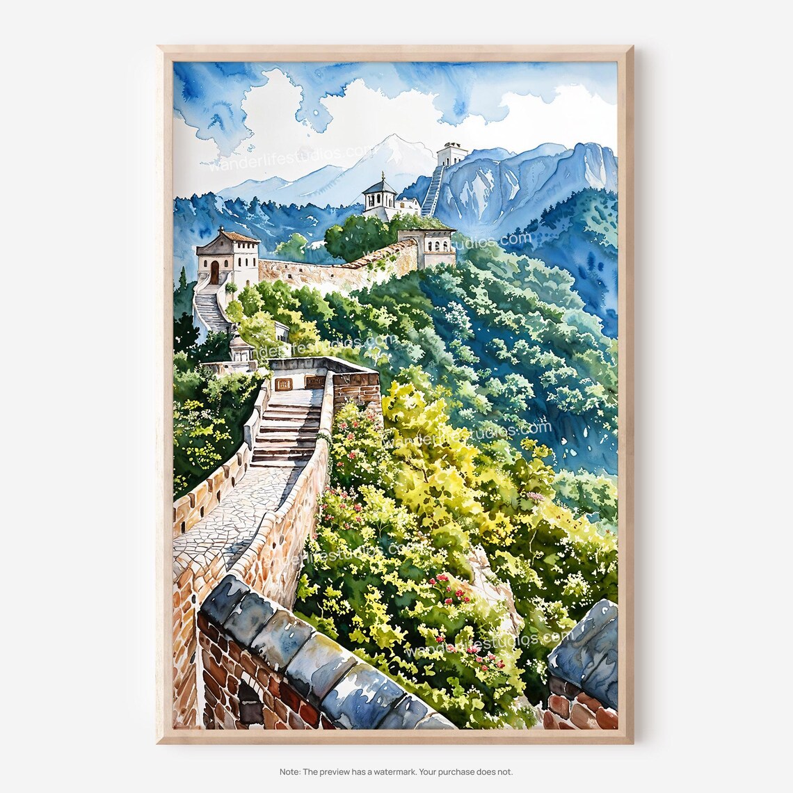 Great Wall Of China Watercolor Mountain Landscape Travel Poster