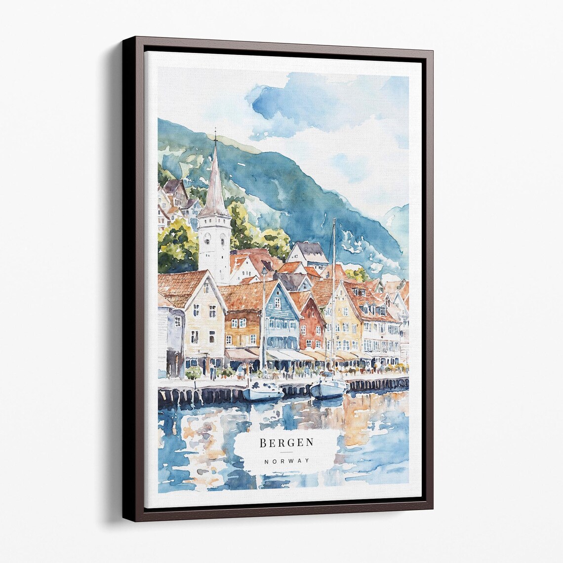 Bergen Norway Watercolor, Coastal Village Art Print