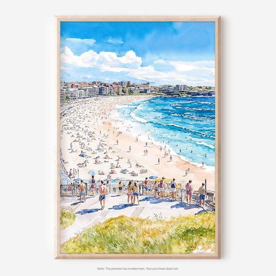 Bondi Beach Sydney Australia Turquoise Surf Watercolor Painting Poster