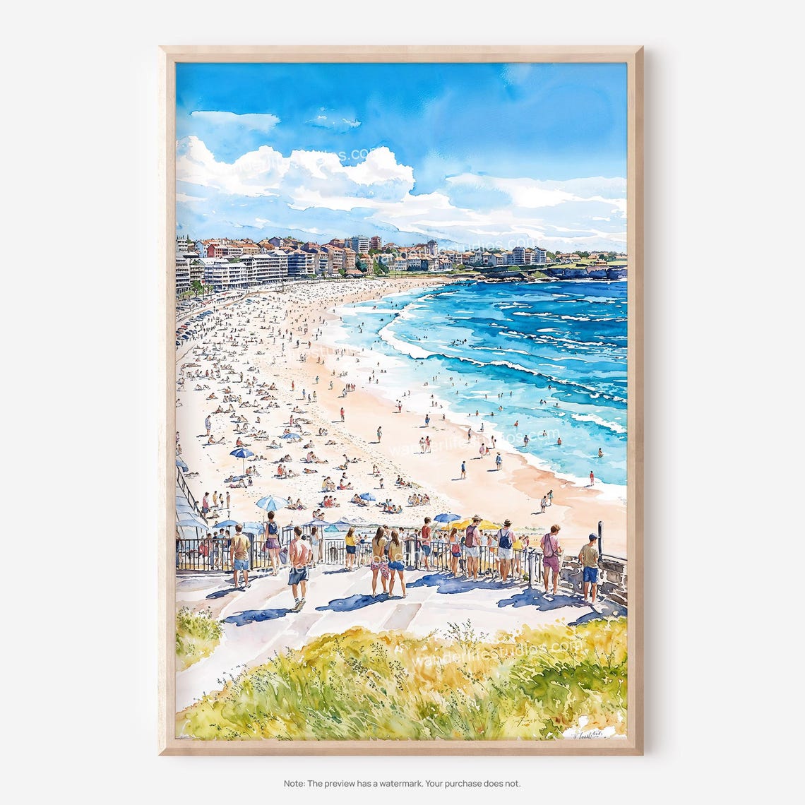 Bondi Beach Sydney Australia Turquoise Surf Watercolor Painting Poster