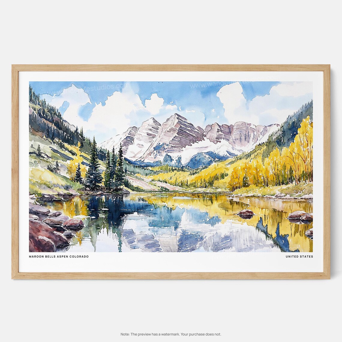 Maroon Bells Aspen Watercolor Art Print, Colorado