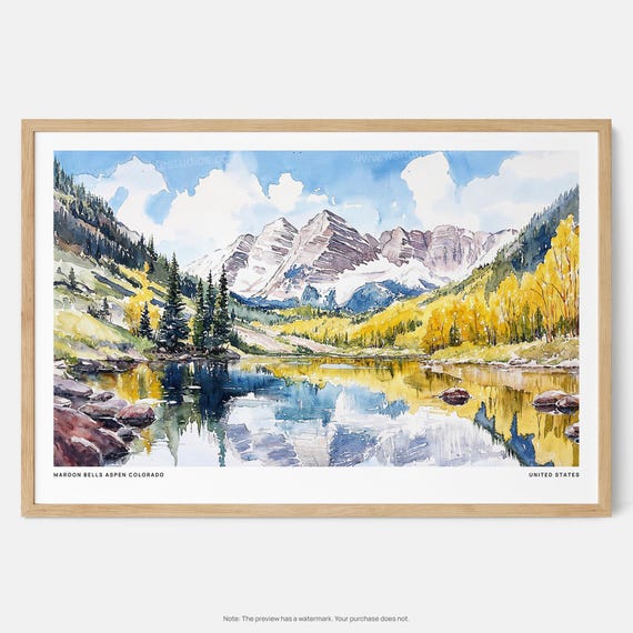 Maroon Bells Aspen Watercolor Art Print, Colorado
