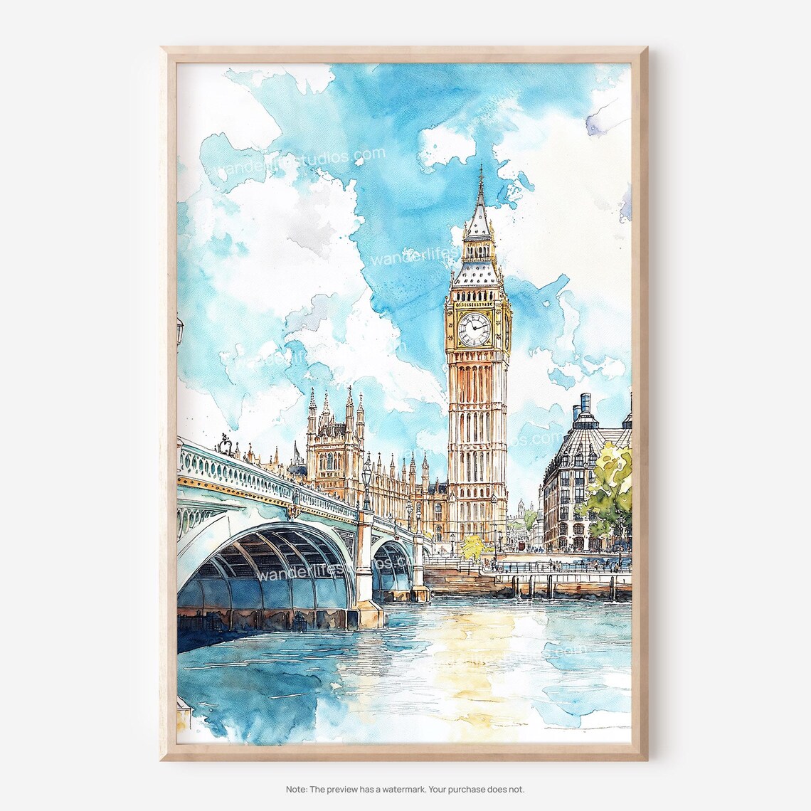 London Big Ben Watercolor Style Art Print