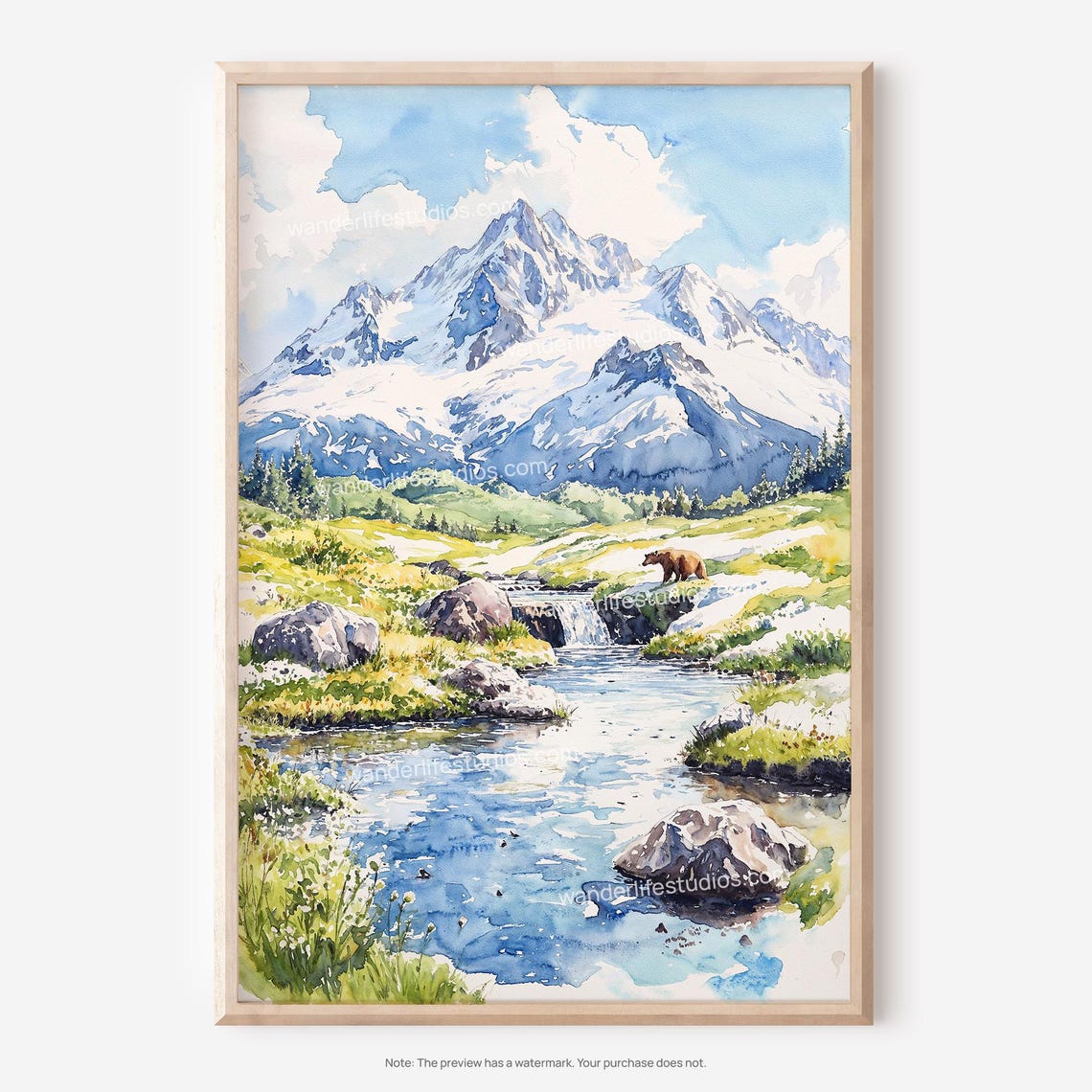 Katmai Alaska Brown Bear River Wilderness Watercolor Landscape Poster