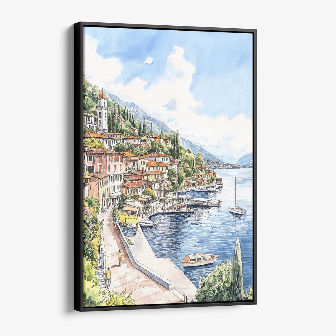 Italian Harbor Town Bell Tower Sunny Lakeside Watercolor Poster