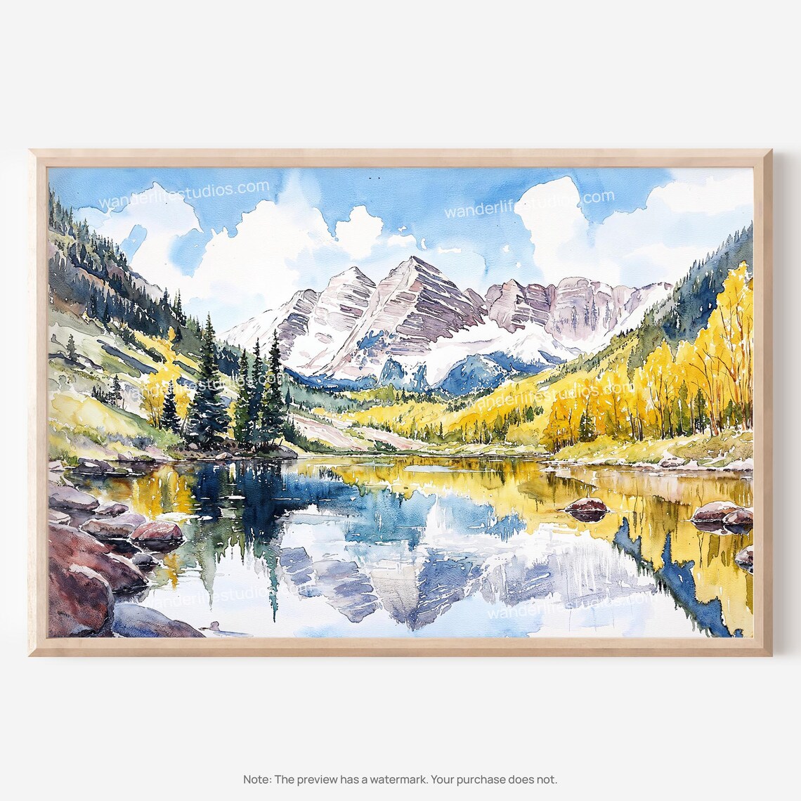 Maroon Bells Watercolor Art Print, Colorado Mountains