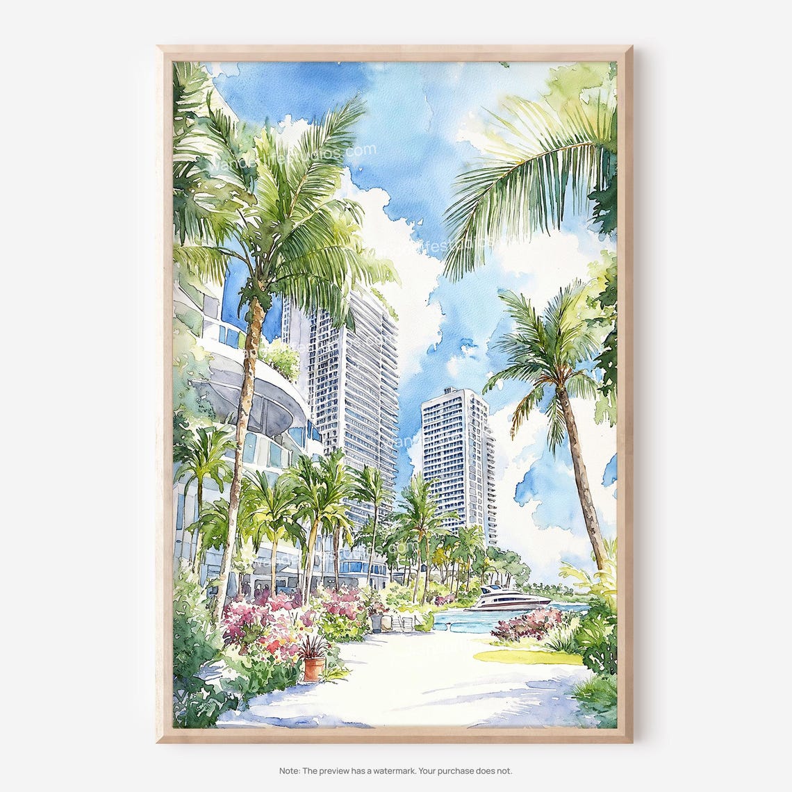 Miami Beach Watercolor Palm Trees Oceanfront City Scene Poster