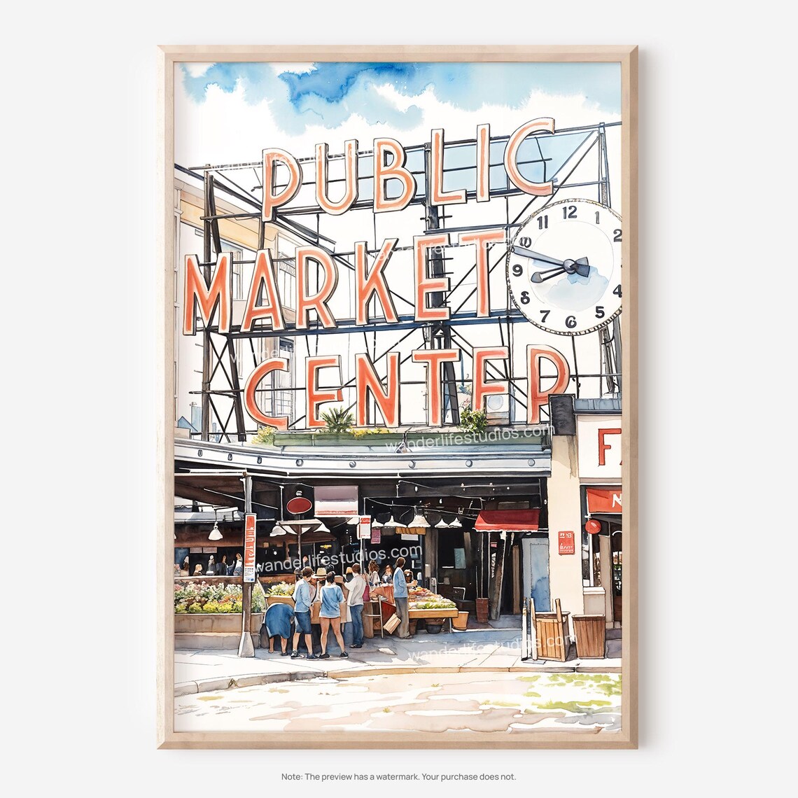 Pike Place Market Watercolor Art Print, Travel Poster