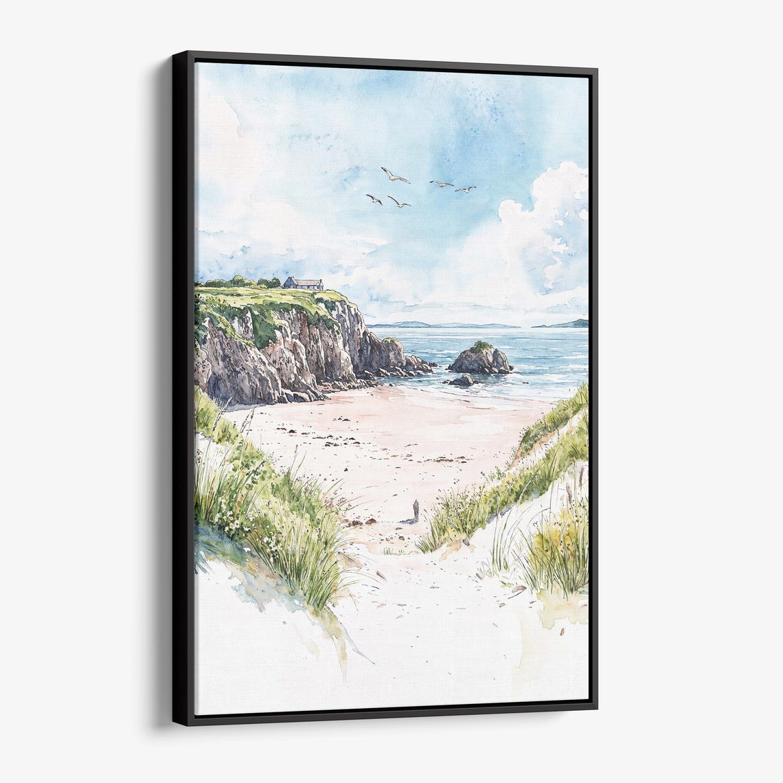 Inishowen Ireland Coastal Watercolor Beach Cliffs Seagulls Poster