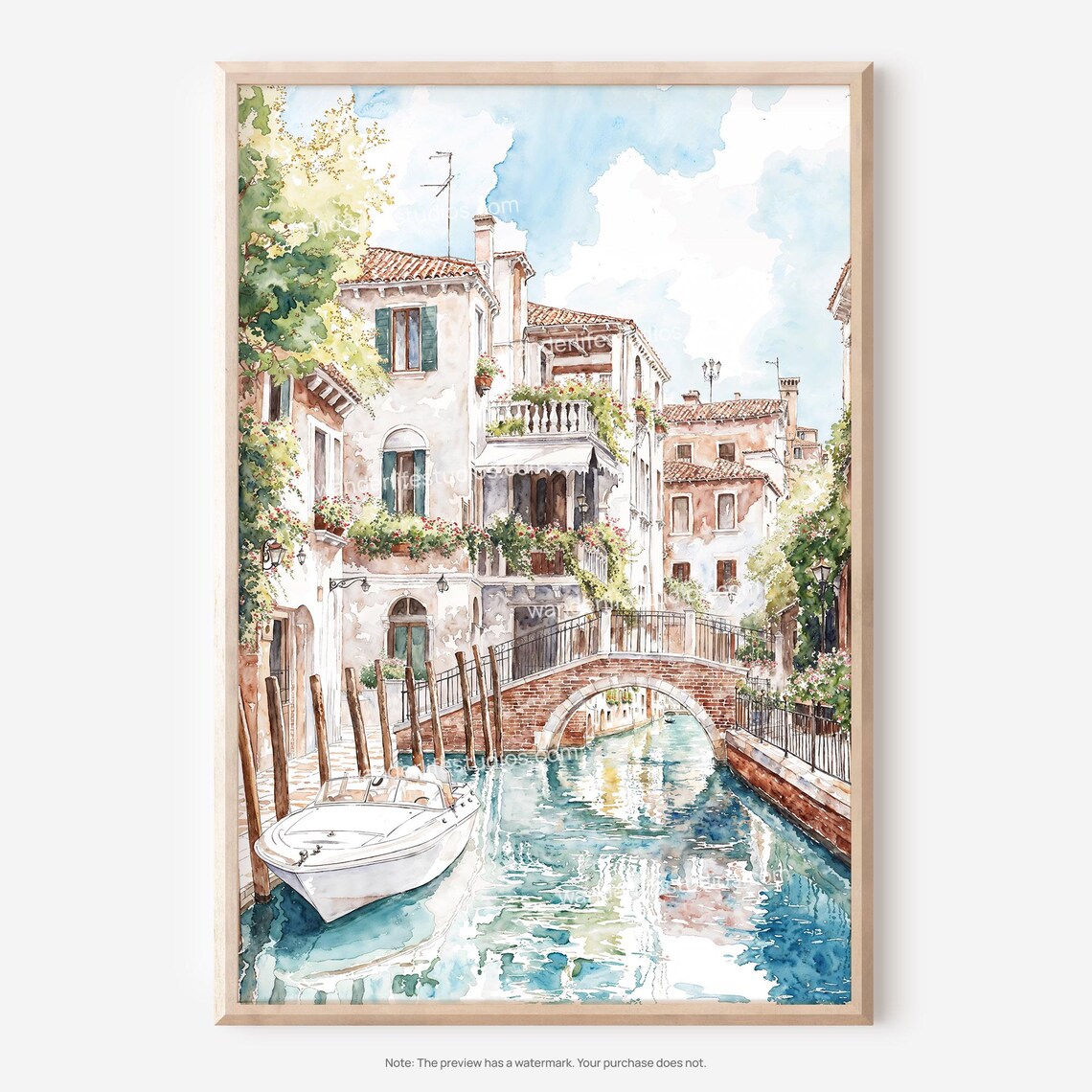 Venice Italy Canal Watercolor Bridge and Boat Romantic Art Print