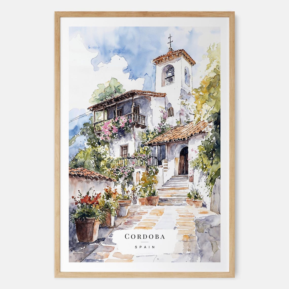 Cordoba Spain Whitewashed Street Bell Tower Watercolor Travel Poster