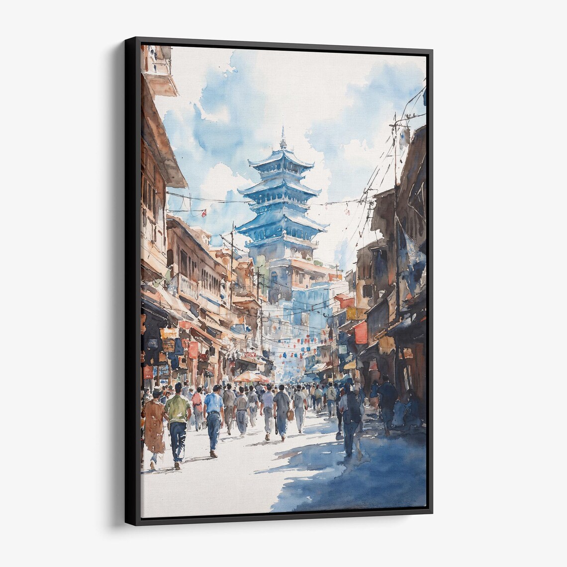 Kathmandu Street Watercolor Poster with Pagoda Temple and Bazaar