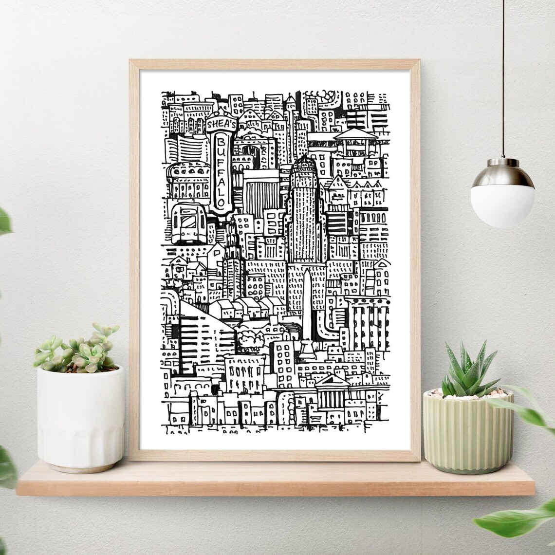 Abstract Buffalo NY Art Print, Handdrawn Line Style