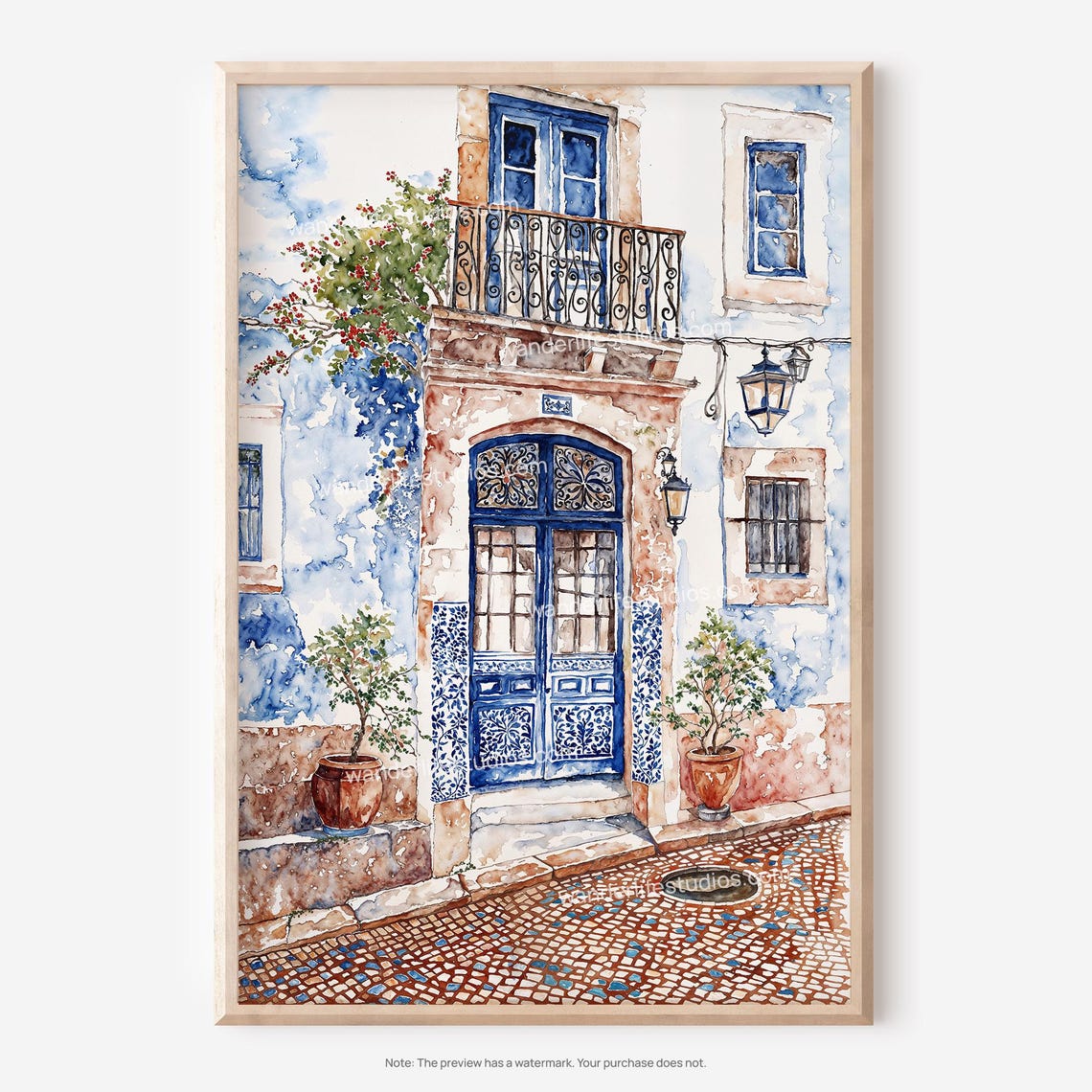 Lisbon Portugal Blue Tile Street Scene Watercolor Travel Poster