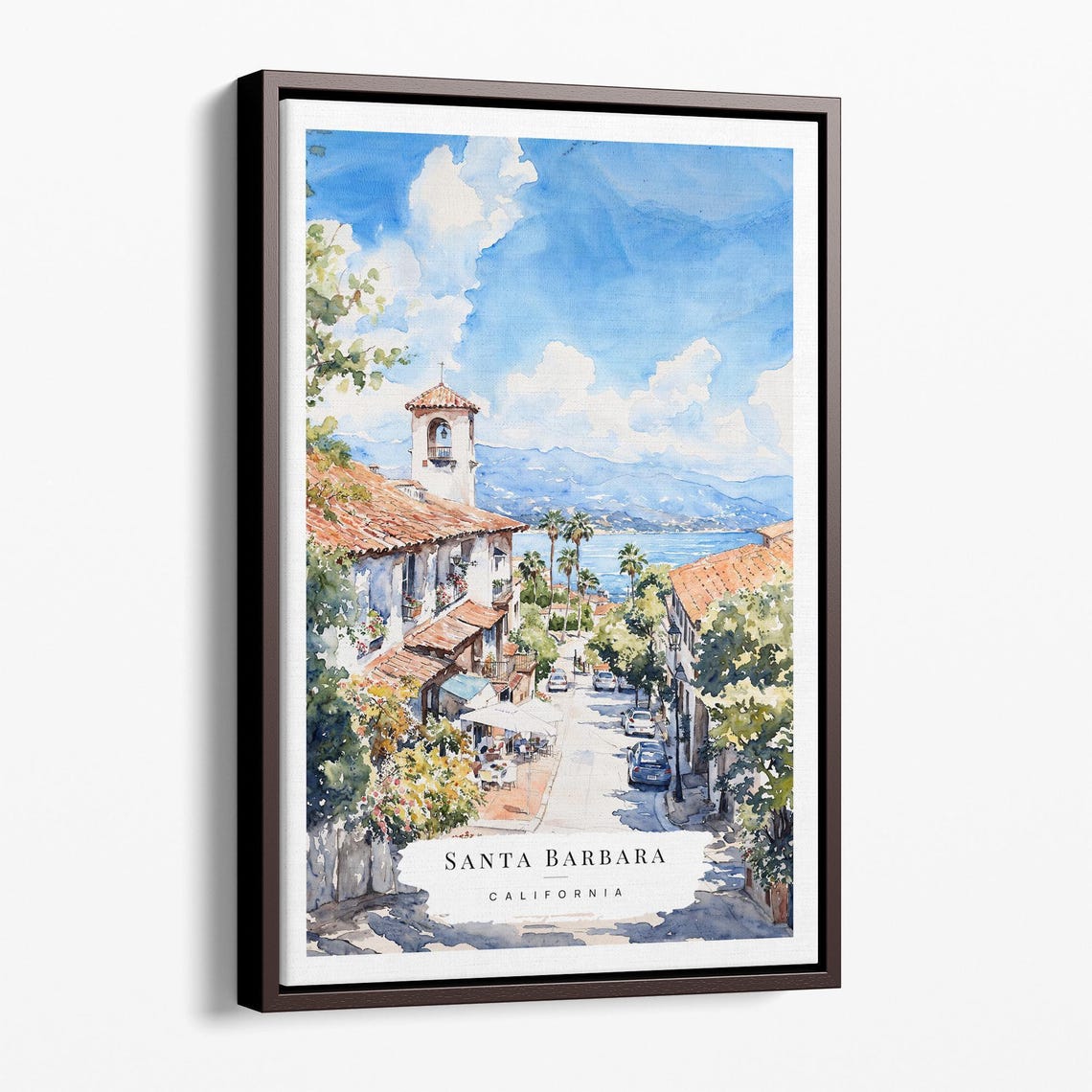 Santa Barbara California Mission Street and Harbor Watercolor Poster