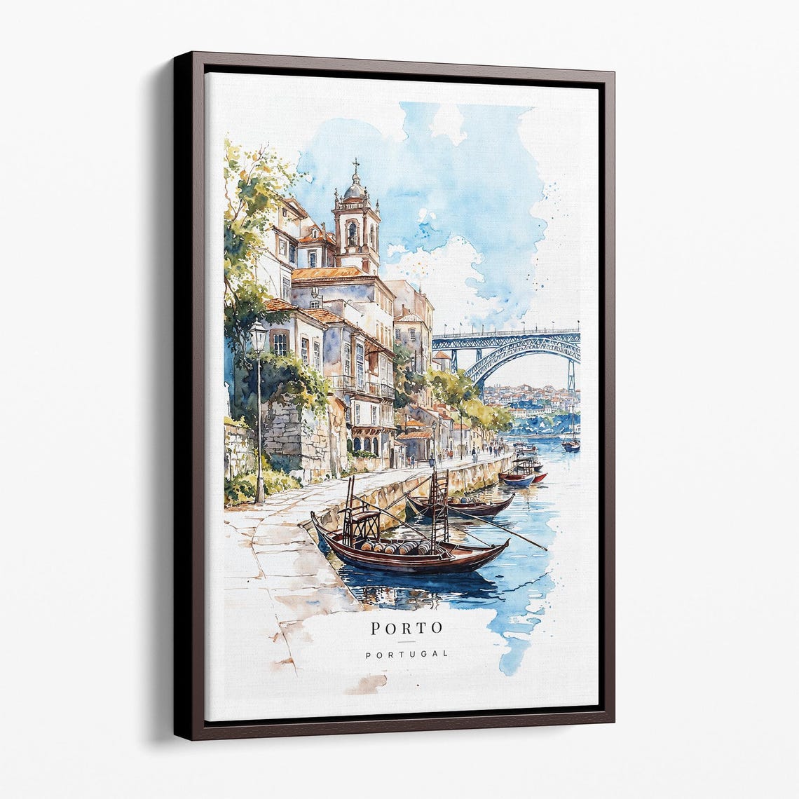 Porto Portugal Watercolor Riverfront Rabelo Boats Bridge Travel Poster