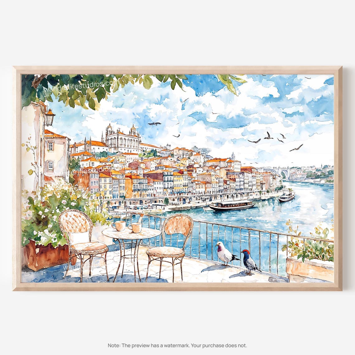 Porto Portugal Riverside Terrace with Cafe Chairs Watercolor Poster