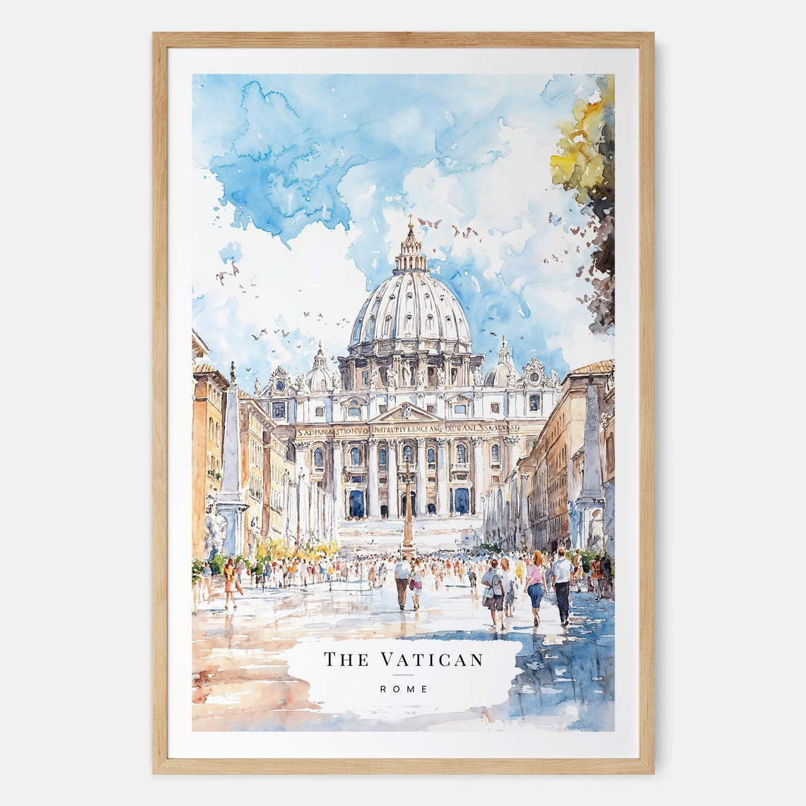 The Vatican Rome St Peters Basilica Watercolor Crowded Plaza Poster