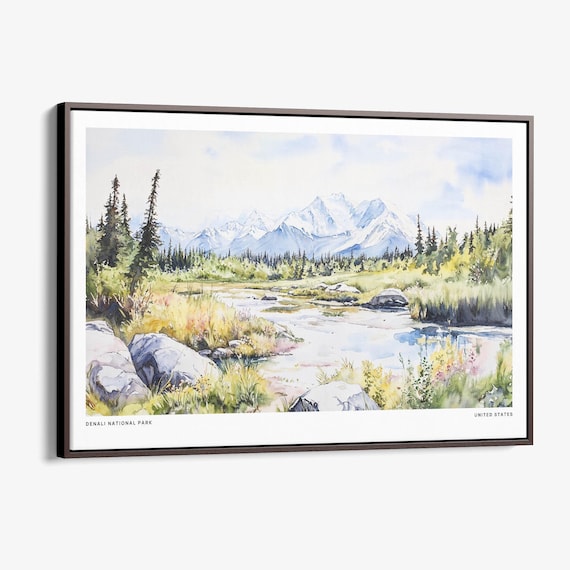 Denali National Park Snow Mountain Watercolor Landscape Poster