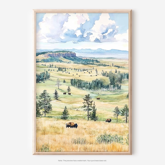 Bison Prairie Watercolor Poster Wildlife Landscape Valley Buttes Wall Decor
