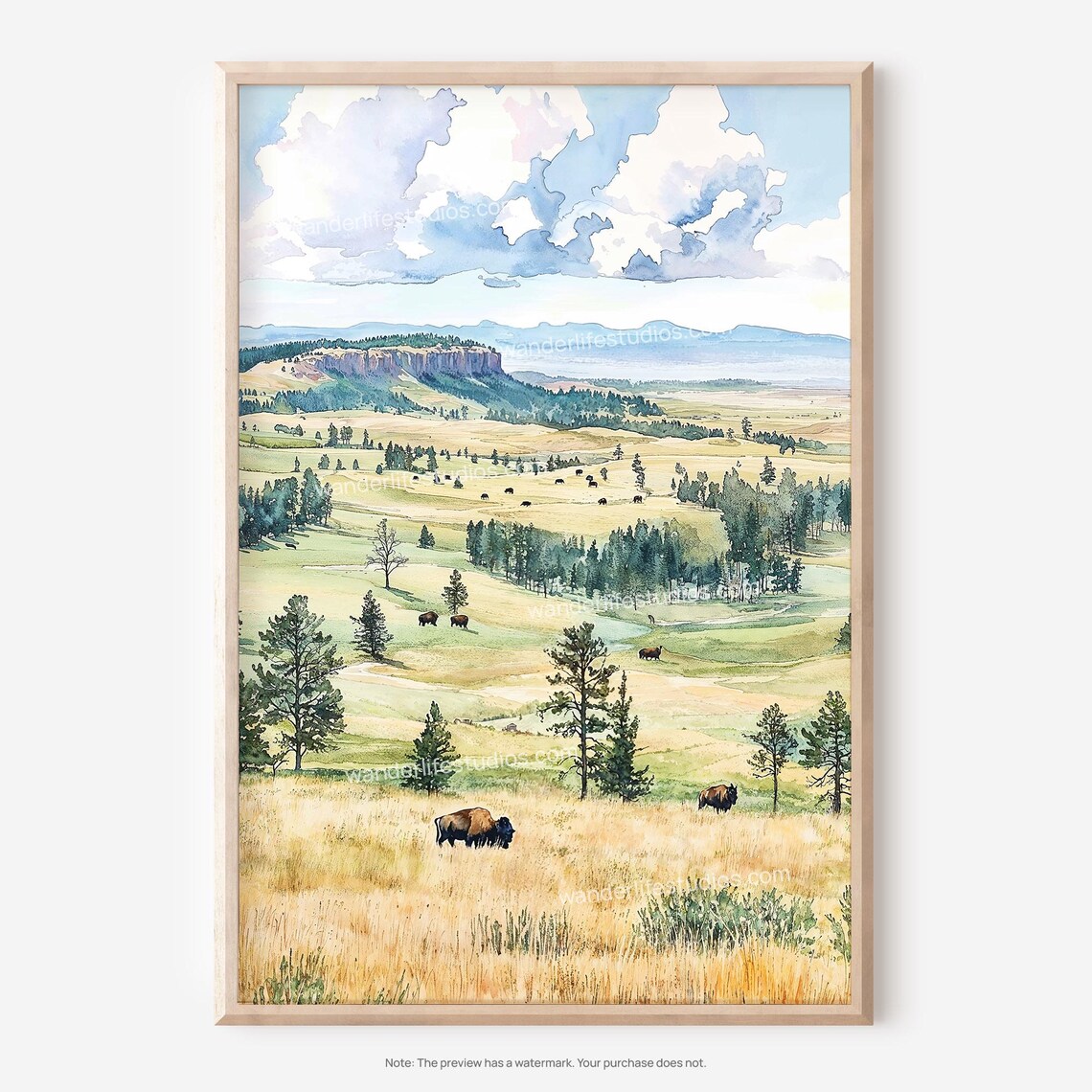 Bison Prairie Watercolor Poster Wildlife Landscape Valley Buttes Wall Decor