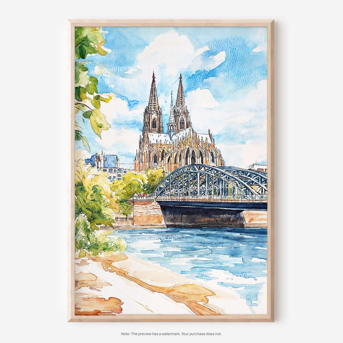 Cologne Cathedral Germany Watercolor Bridge Rhine Art Poster