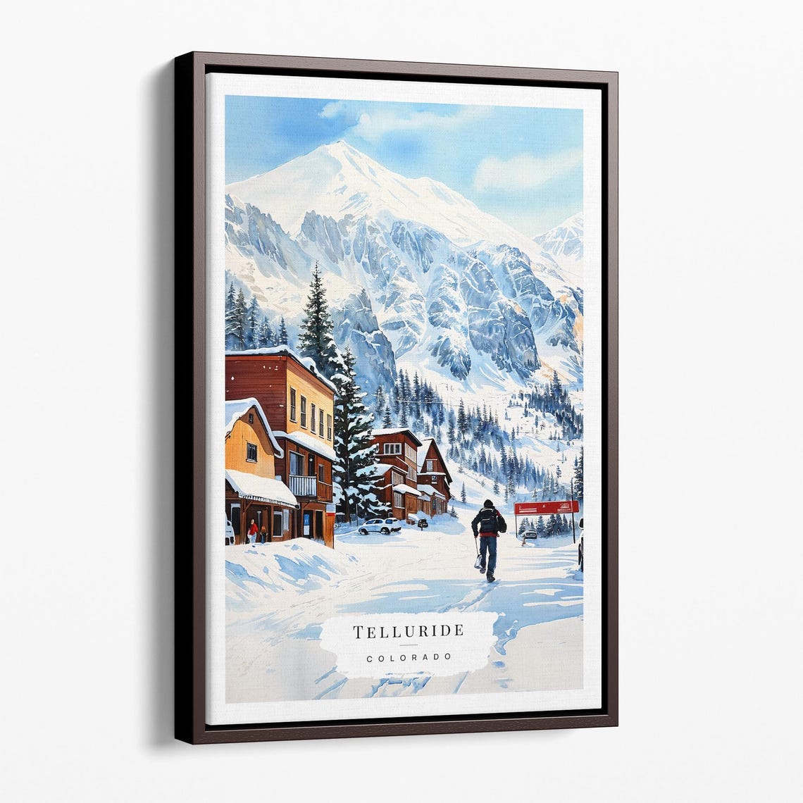 Telluride Colorado Winter Watercolor Snowy Mountain Town Poster