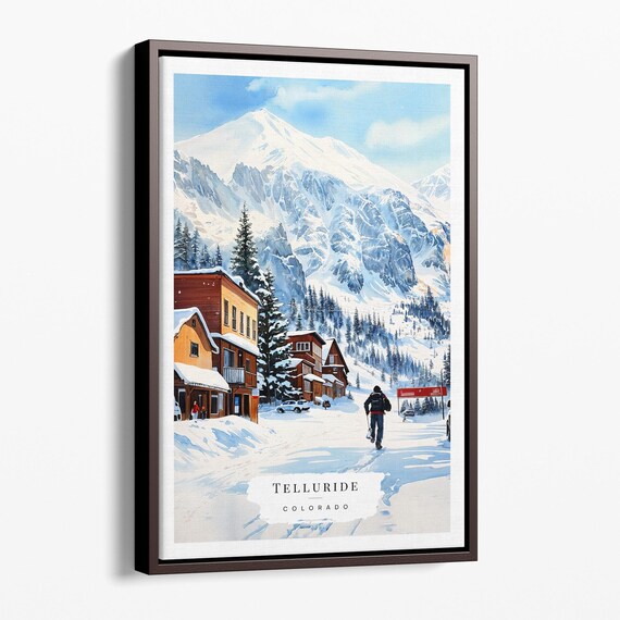 Telluride Colorado Winter Watercolor Snowy Mountain Town Poster