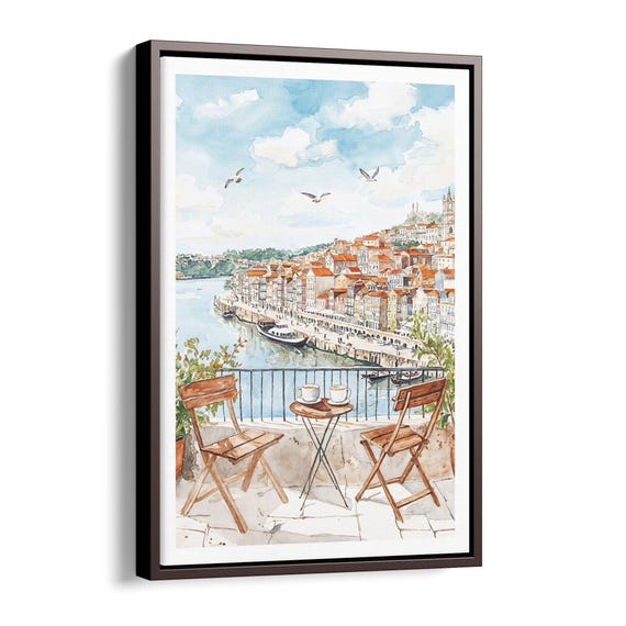 Porto Watercolor Canvas Print Riverside Coffee Scene With Charming Views