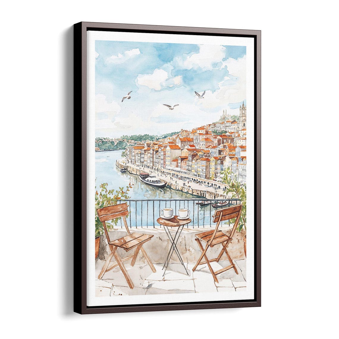 Porto Riverside Balcony Coffee Morning Watercolor Cityscape Poster