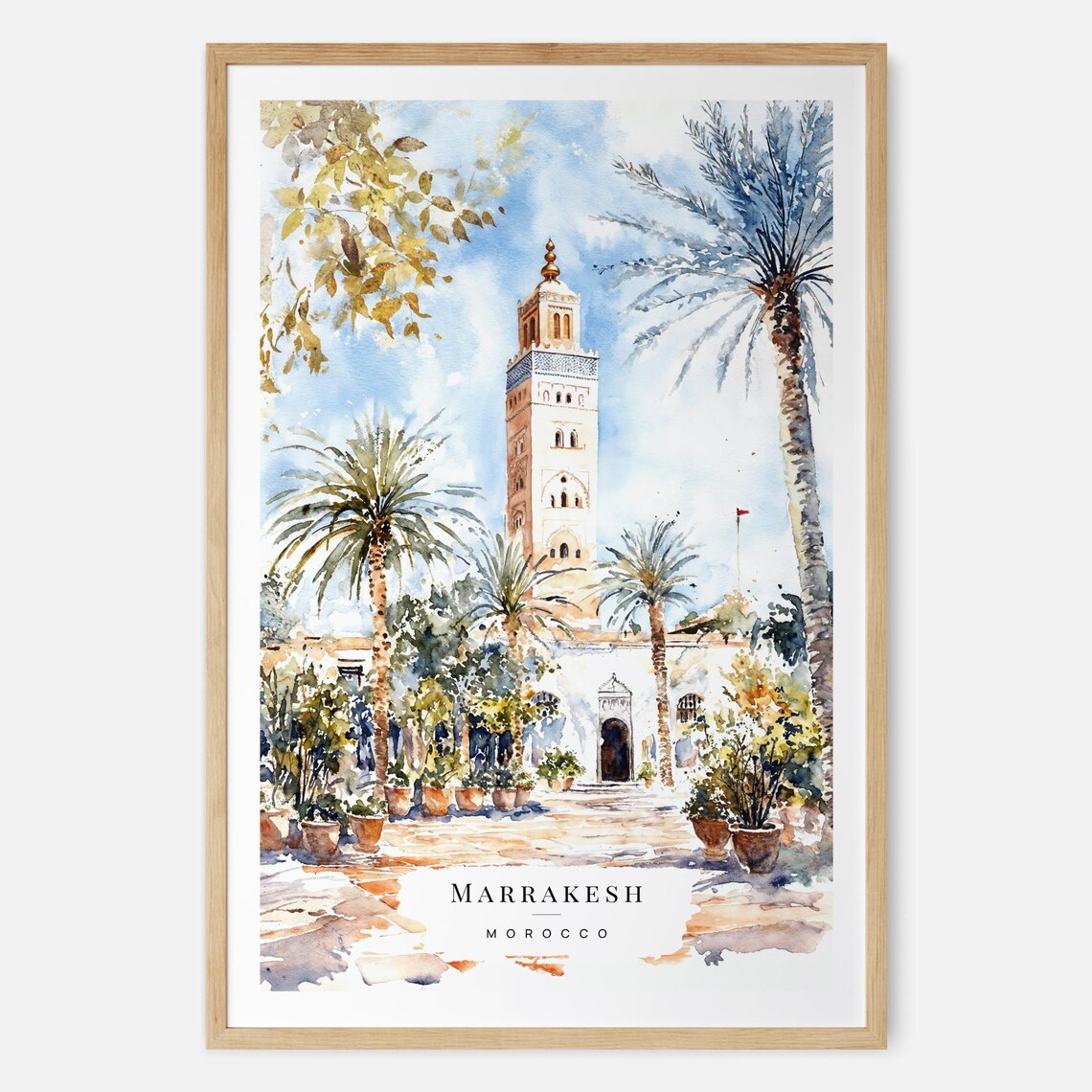 Marrakesh Watercolor Art Print, Kutubiyya Mosque