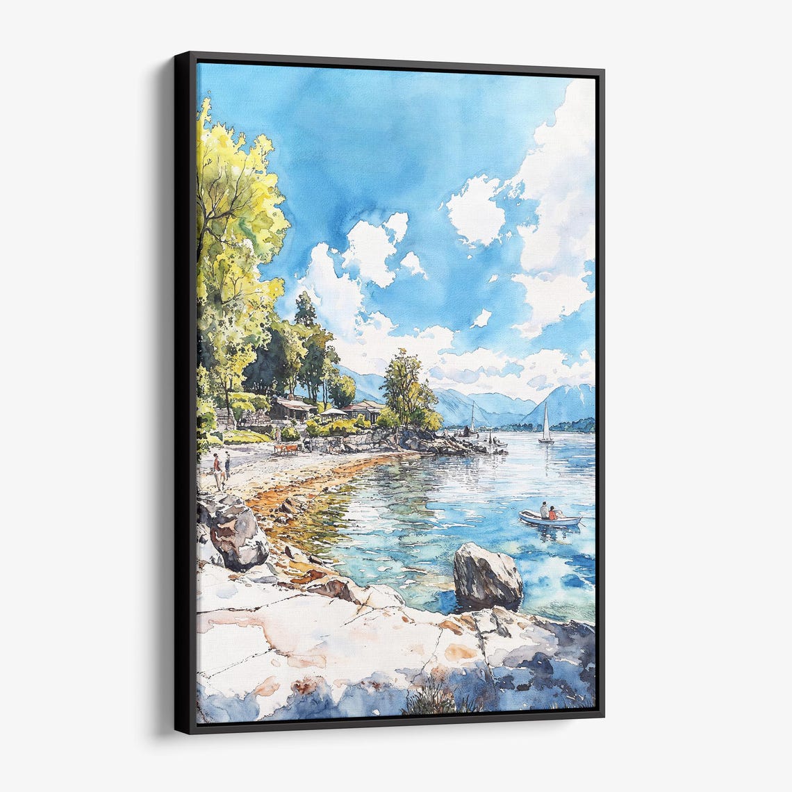 Sunny Rocky Lake Shore Sailboats Bright Summer Watercolor Poster