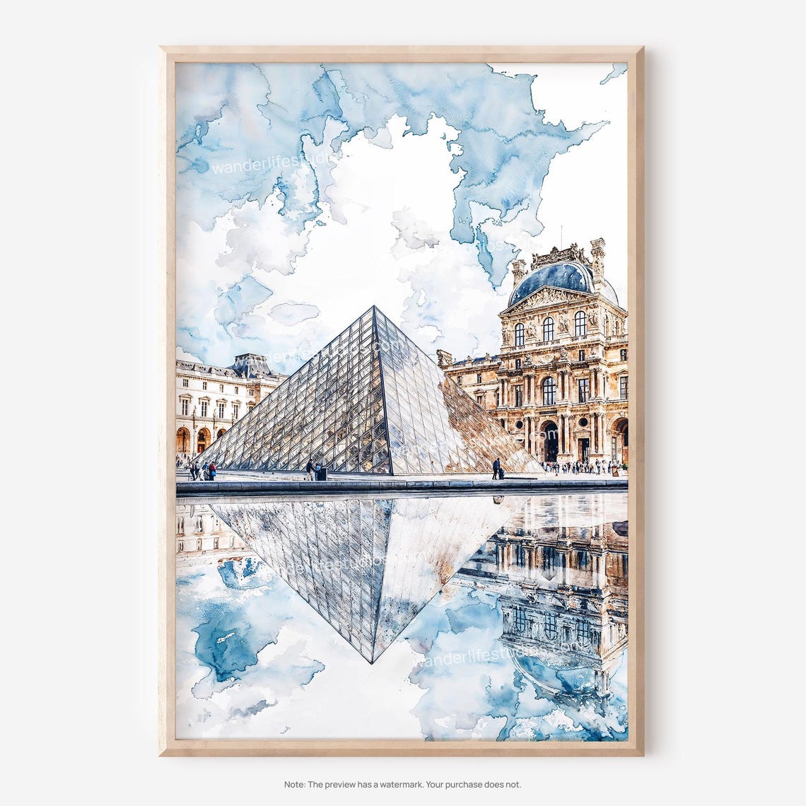 Louvre Museum Pyramid Paris Watercolor Reflection Art Poster