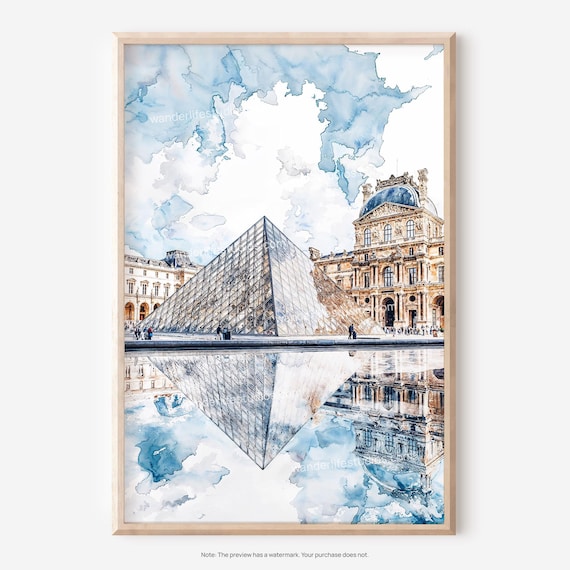 Louvre Museum Pyramid Paris Watercolor Reflection Art Poster