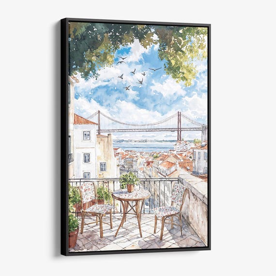 Morning Coffee In Lisbon Canvas Print Watercolor Balcony Scene