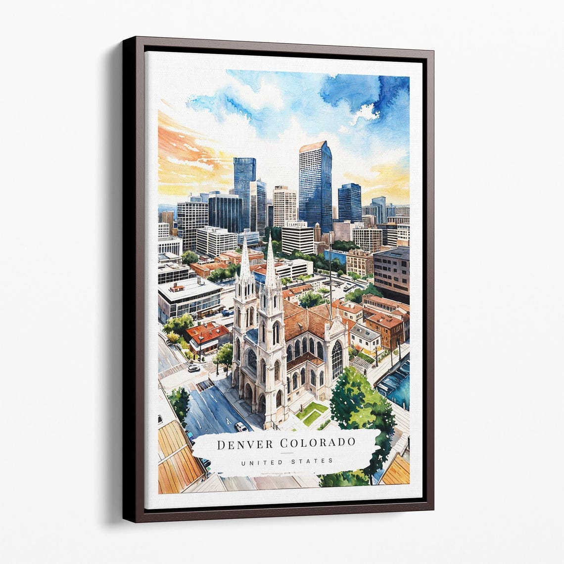 Denver Colorado Skyline Cathedral Watercolor Travel Art Poster