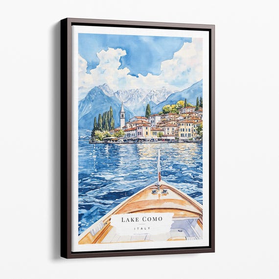 Lake Como Watercolor Canvas Art Print Boat View Wall Decor